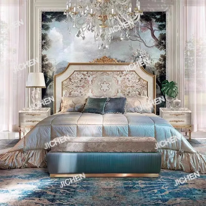 

Французская двуспальная кровать, английская резьба по цельному дереву, цветочная ракушка, инкрустированная тканью для спальни, кровать принцессы, свадебная европейская роскошная кровать