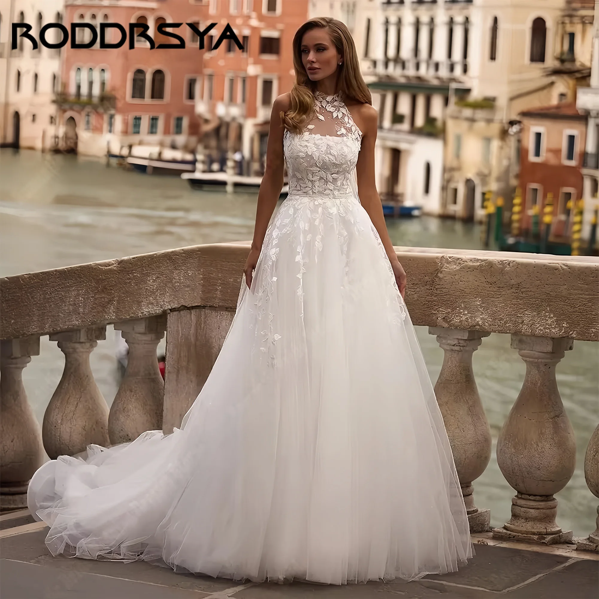 

Halter A-Line Women Wedding Dresses Elegant Lace Flower Printing Tulle Sleeveless Bridal Gowns Embellishments Robes Customized