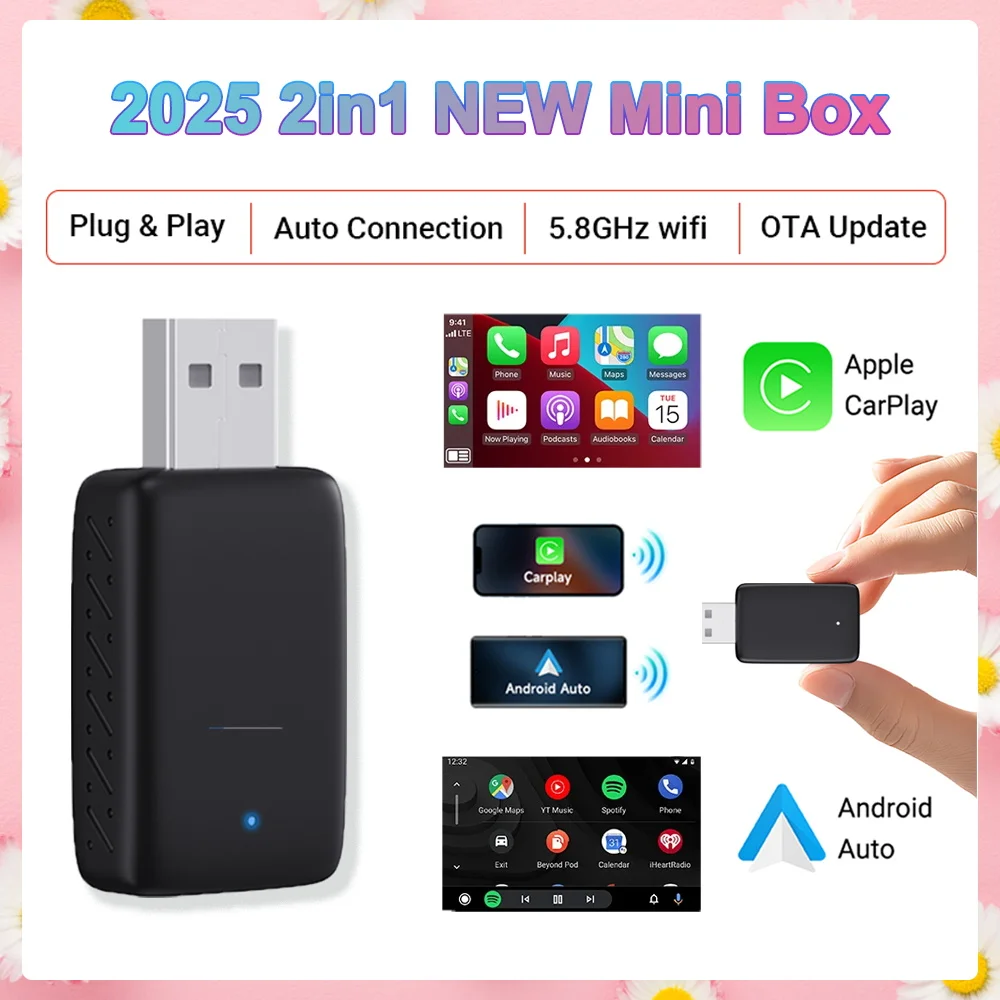 2025 NEW Wireless Carplay Adapter Android Auto 2in1 Smart Mini Box WIFI BT Auto Connect For Toyota Volvo Benz MG Kia MAZDA FORD