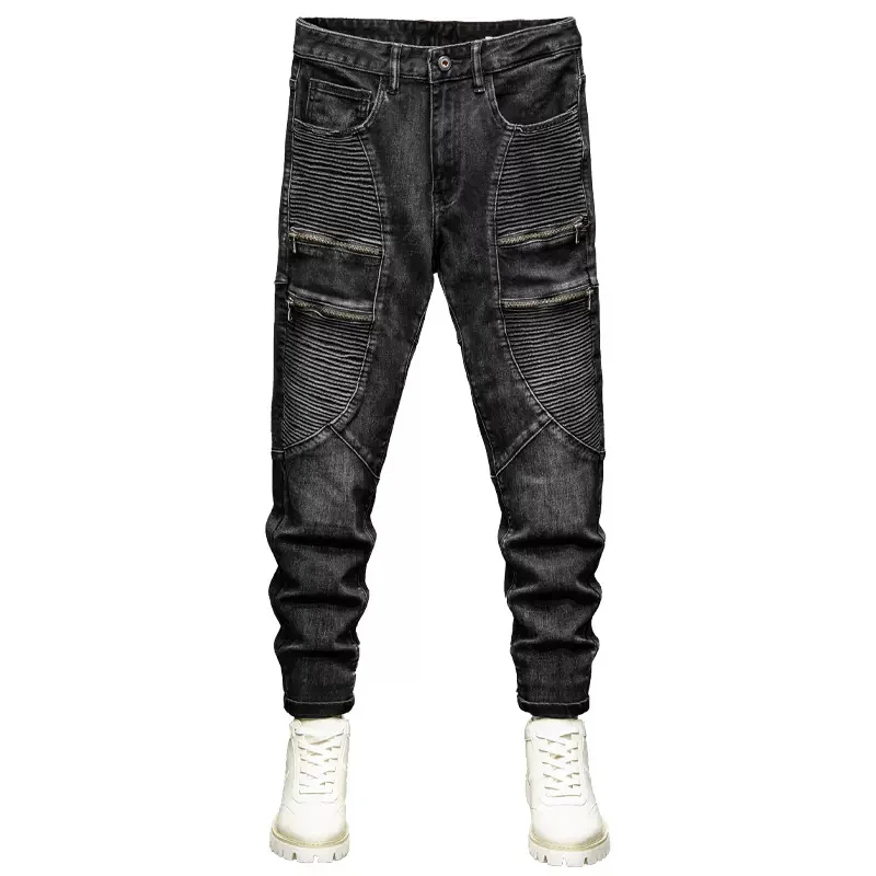 High Street Fashion Men Jeans Retro Black Gray Elastic Stretch Skinny Fit Ripped Jeans Men Patched Designer Hip Hop Biker Pants