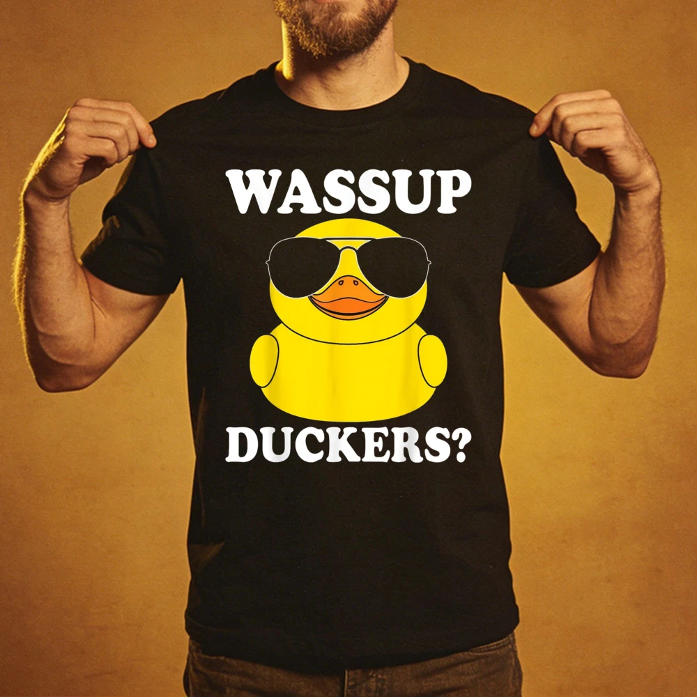 Wassup Duckers Funny Rubber Duck with Sunglasses Graphic Shirt Men Summer Cotton Short Sleeve Duck Pun Lover Casual Daily Outfit