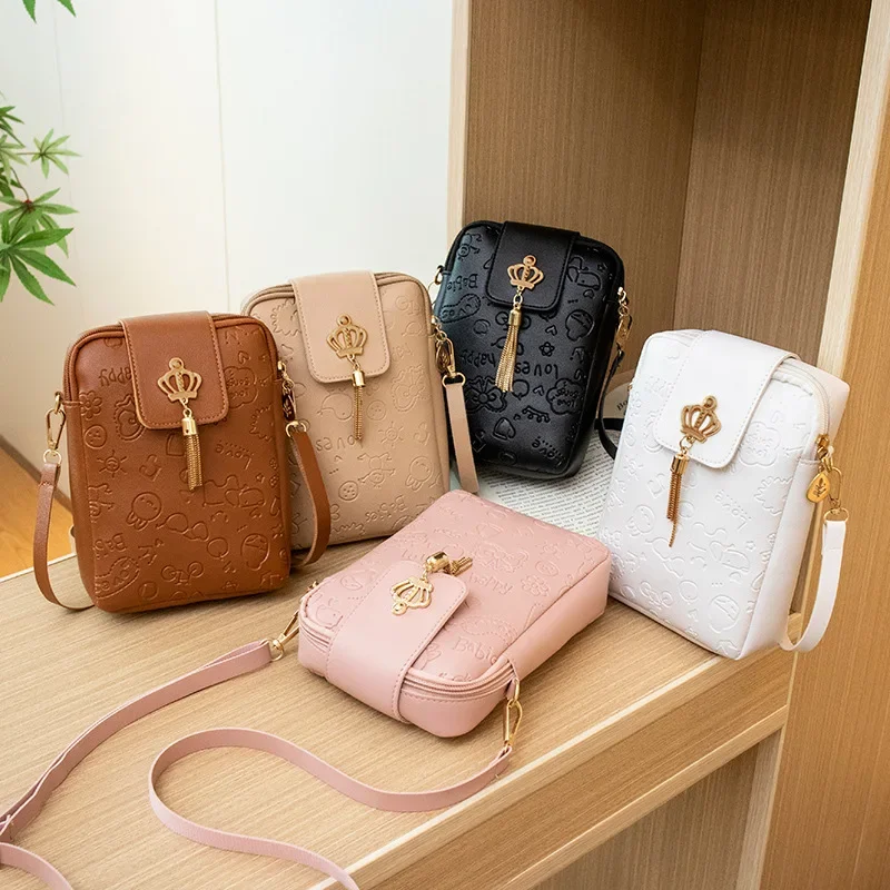 Simple Embossed Crossbody Bag Vintage Crown Pendants Girl Shoulder Bag Casual Trendy Embroidery Mobile Storage Bag