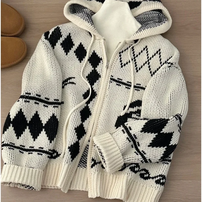 Men Women Black OPEN YY Sweater Hook Flower Deer Rose Cardigan Zipper Hooded Jacket Loose Casual Knitted Pullover Top