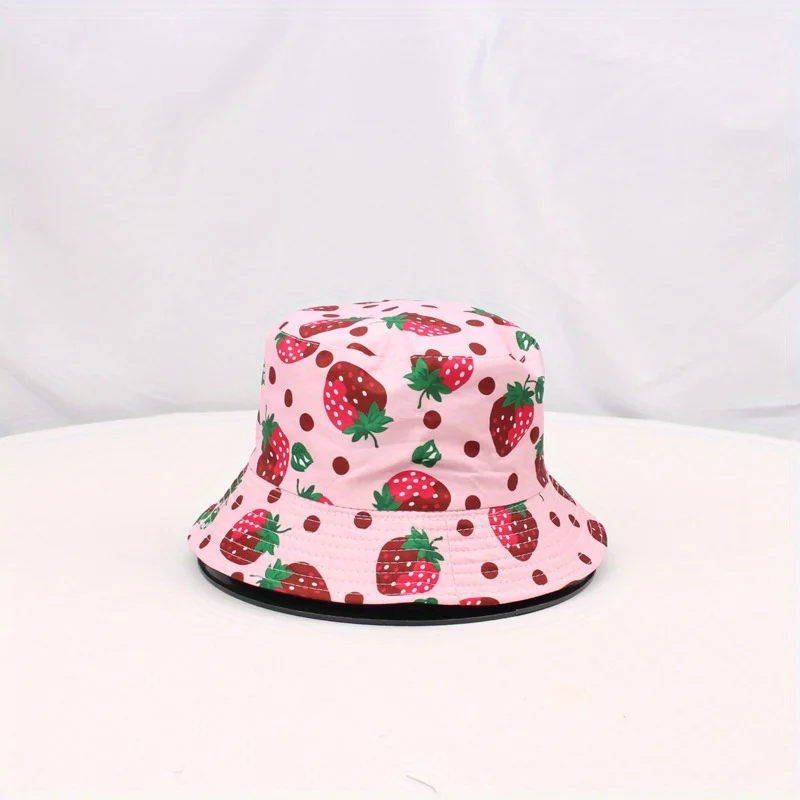 Cartoon Strawberry Print Sunshade Bucket Hats Fruit Big Brim Panama Foldable Outdoor Sports Cycling Travel Beach Fisherman Hat