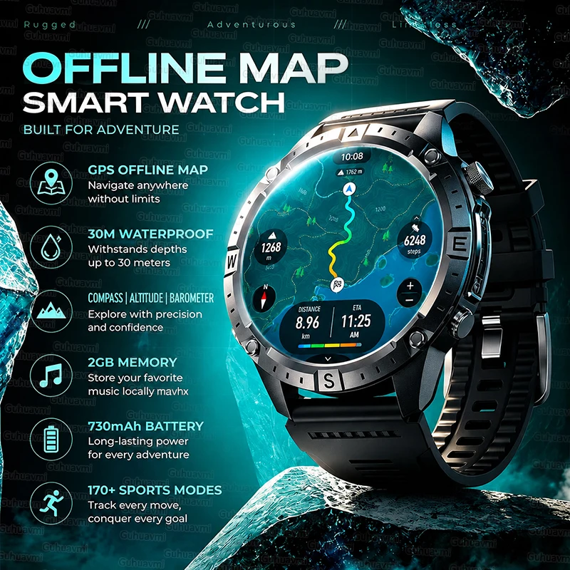 

New Offline Map Smart Watch 1.43" AMOLED GPS Outdoor Navigation Waterproof Swim Compass 170+Sport 2GB Fitness Tracker Smartwatch
