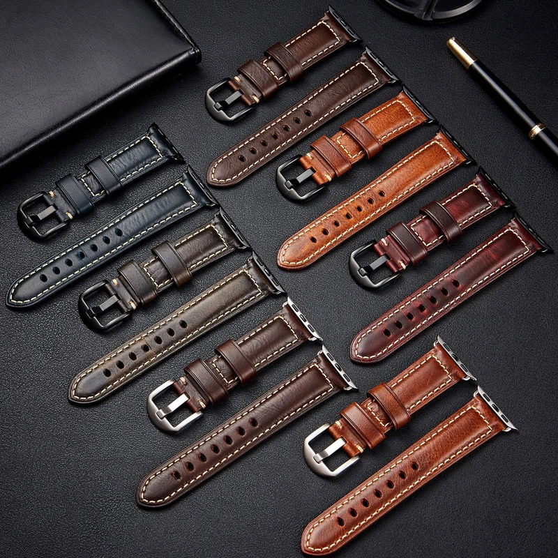 Vintage Cow Leather Watch Band for Apple Watch Strap for Series 9 8 Ultra 2 49mm 45mm 44mm 41mm 42mm 40 Leather Strap for Apple