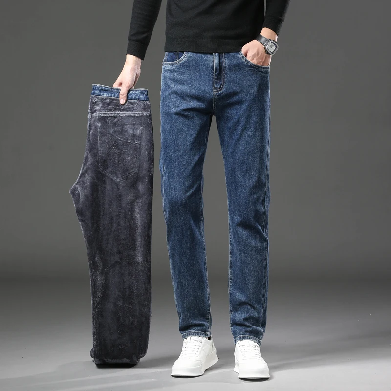 Celana Jeans Pria Musim Dingin Tebal Hangat Slim Straight Elastis Denim Kasual Pakaian Pria Fashion Celana Berbulu
