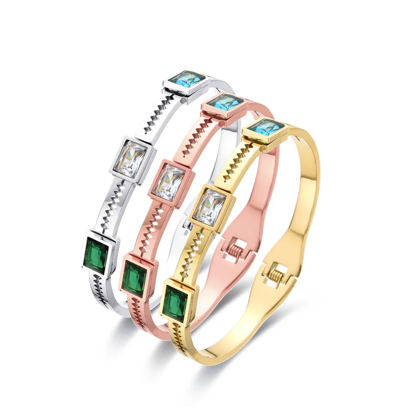 Colorful Stainless Steel Bracelets Zircon Cuff Bangles Sawtooth Desgin Crystal Gold-plated Jewelry for Women Glamour Party Gifts