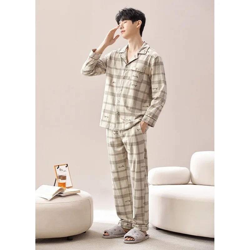 Men Pajamas Sets Long Sleeve Cotton Autumn Spring Youth Homewear Set Sleep Cloth Outside Male Printed Pjs Casual Loungewear