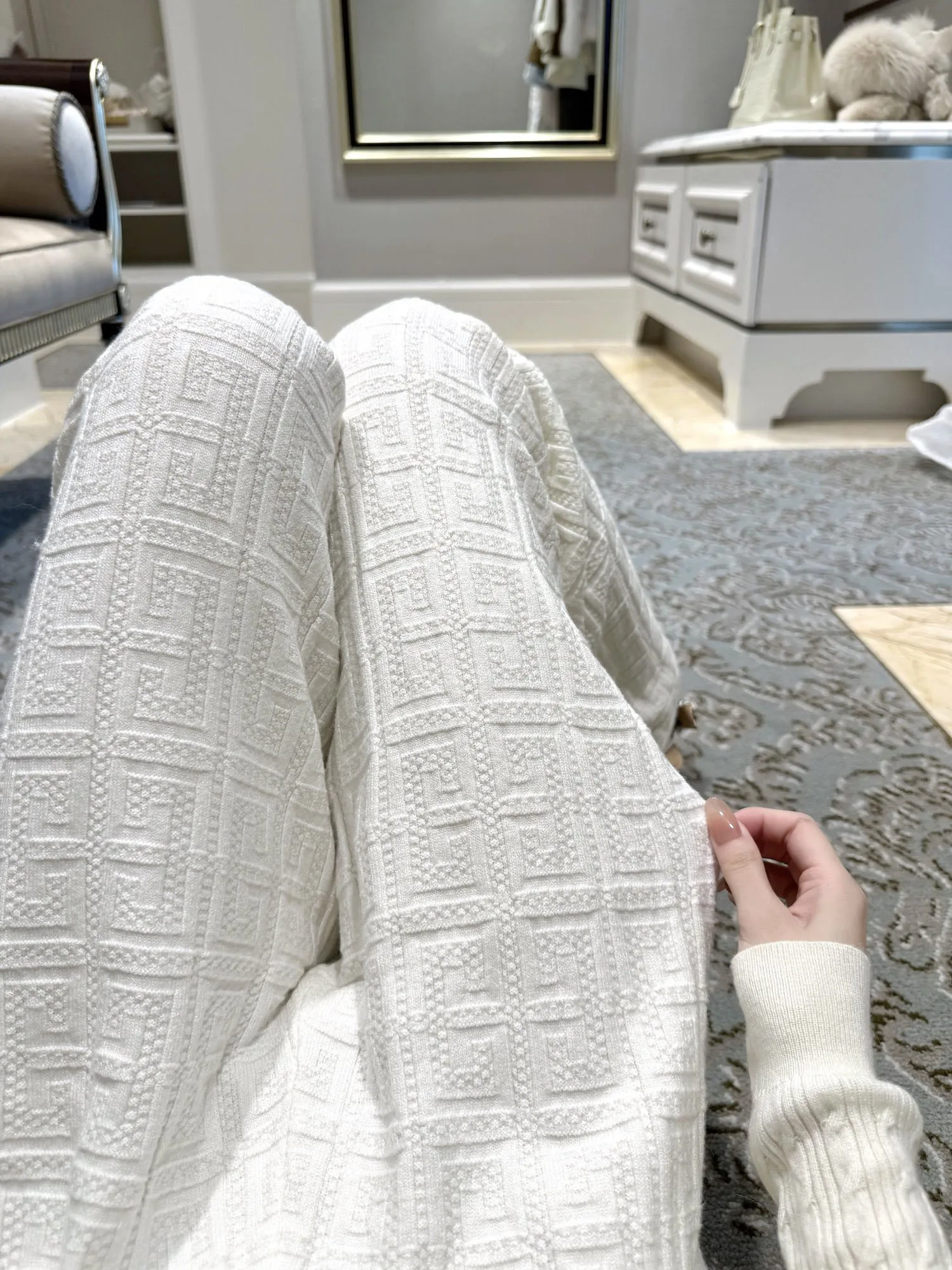 

High Waist Casual Loose Knitted Wide Leg Pants Women's Long Trousers Textured Floral Patterned Dark Stripe Straight Cut