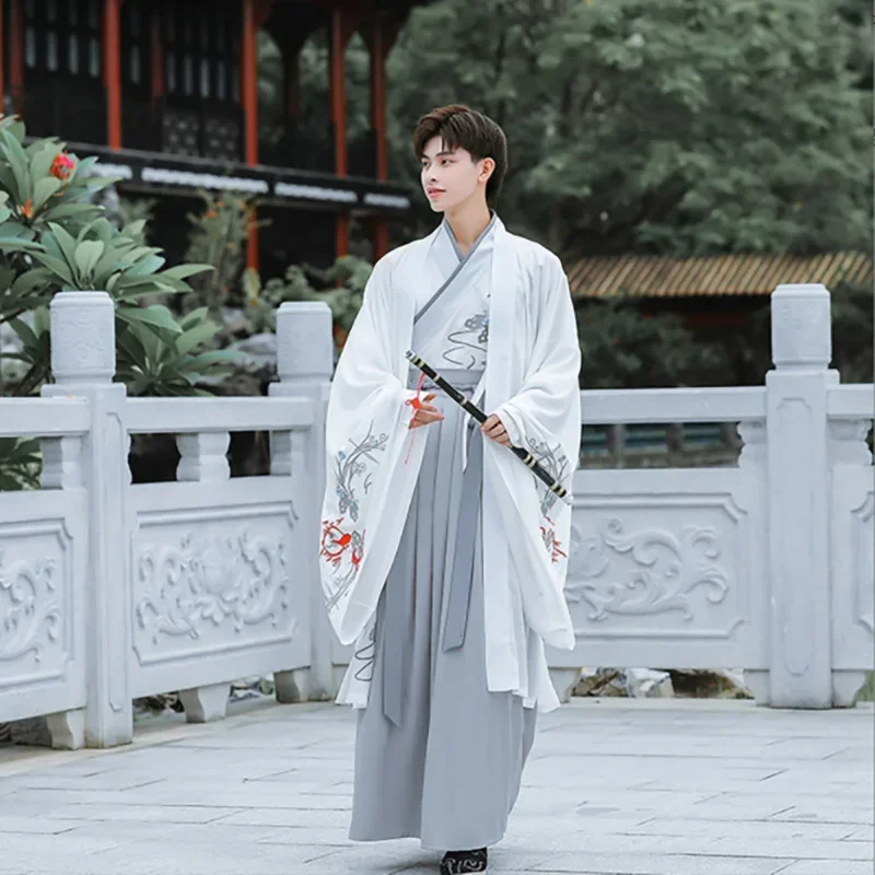 Large Size 4XL Hanfu Dress Men Chinese Traditional Cosplay Costume 2023 Ancient Hanfu White&Gray 3pcs Sets For Men Plus Size 3XL