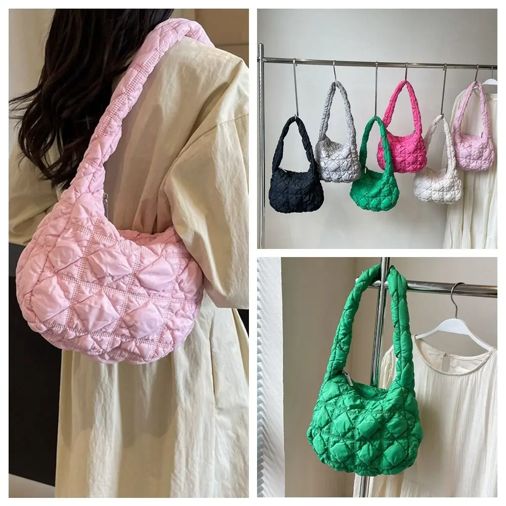 

Temperament Korean Style Space Cotton Shoulder Bag Plaid Solid Color Bubble Cloud Bag Banquet Rhombus Plaid Handbag Lady