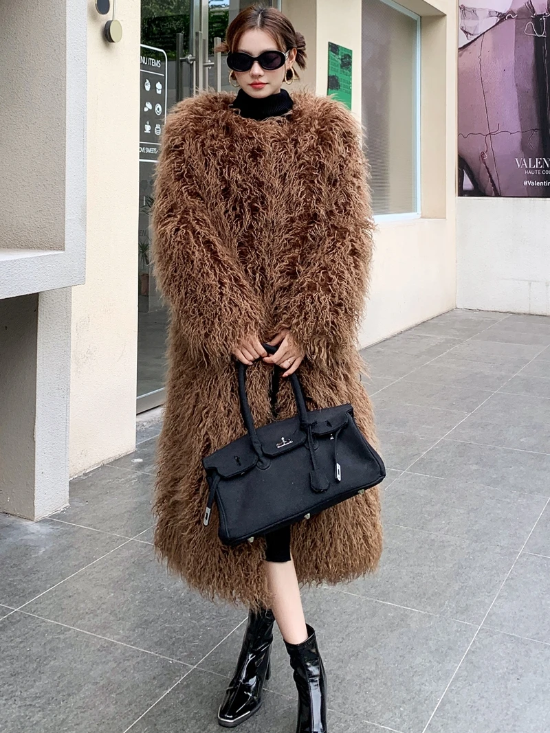 2023 Autumn Winter New High-End Khaki Fur Loose Long Sleeve Mongolia Sheep Fur Long Warm elegant Coat Luxury Women\'s jackets