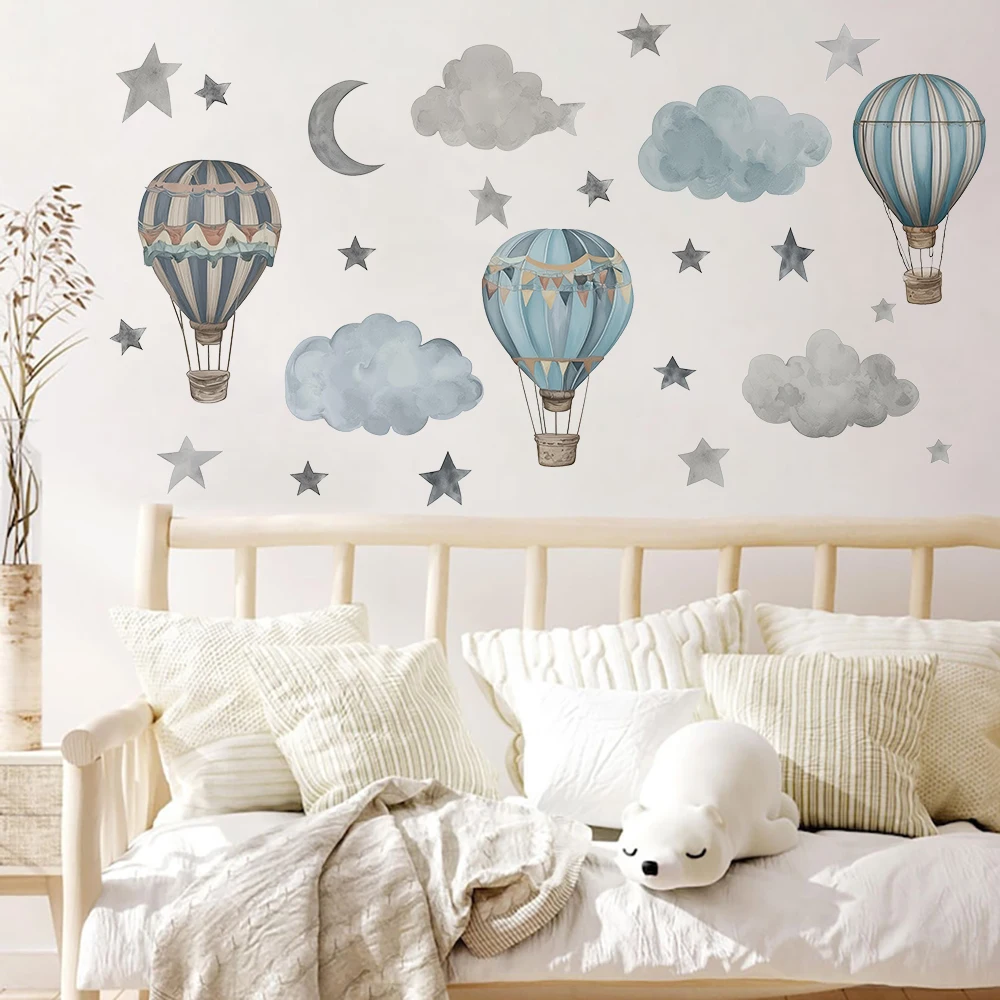 Vintage Hot Air Balloon Wall Stickers Watercolor Cloud & Star Wall Decals for Bedroom Playroom Living Room Home Wall Decor