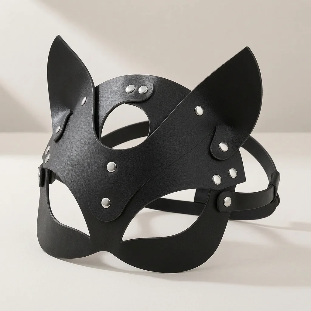 Mask Cat Half Face PU Leather Opera Style Adults Masquerade Halloween Cosplay Party Stage Costume