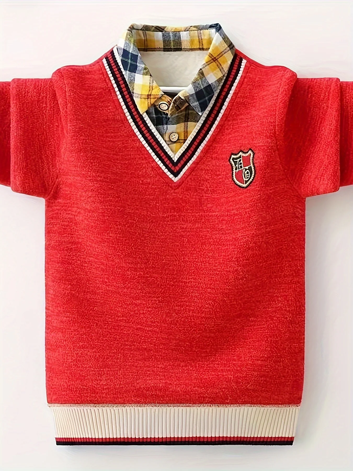 

Winter New Style Medium and Large Boys' Velvet Thickened Fake Two-Piece Fashionable Pullover One-Piece Velvet Fashion Knitwear