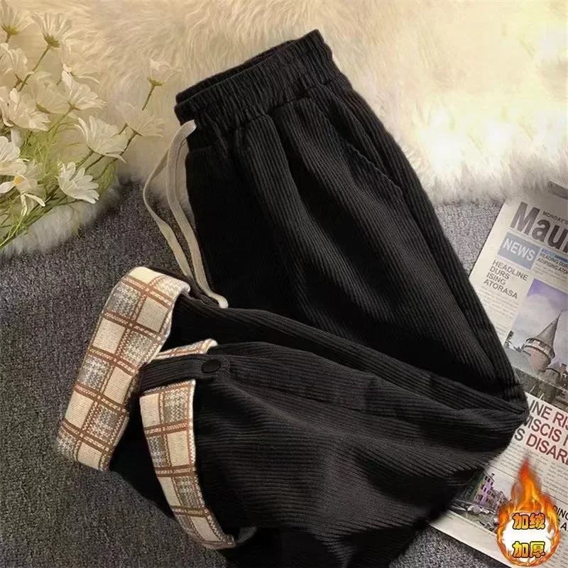 Women Casual Plaid Hemming Corduroy Pants 4Xl Oversize Harajuku Retro High Waist Straight Trousers Lady Drawstring Korean Pants