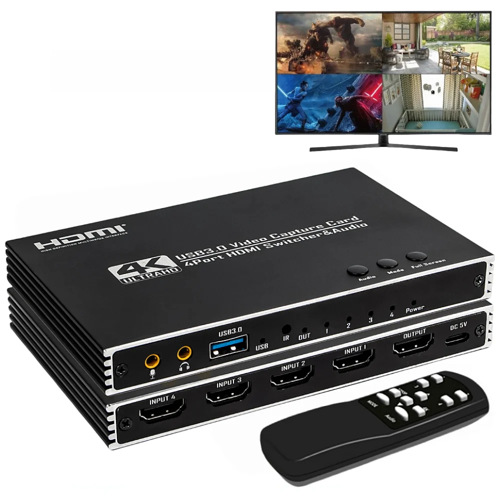 4 in 1 Out Quad Screen Cutting   Video Capture Card 4 Port   Switch USB 3.0 Game Caputre Multi-Channel Live Streaming
