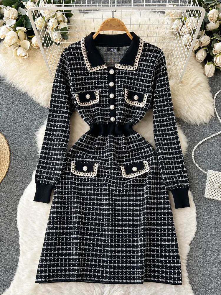 Women Knitted Dress Long Sleeve Plaid Elastic Slim Pencil Dresses Korean Fashion 2022 Autumn Sexy Bodycon Bottons Sweater Dress