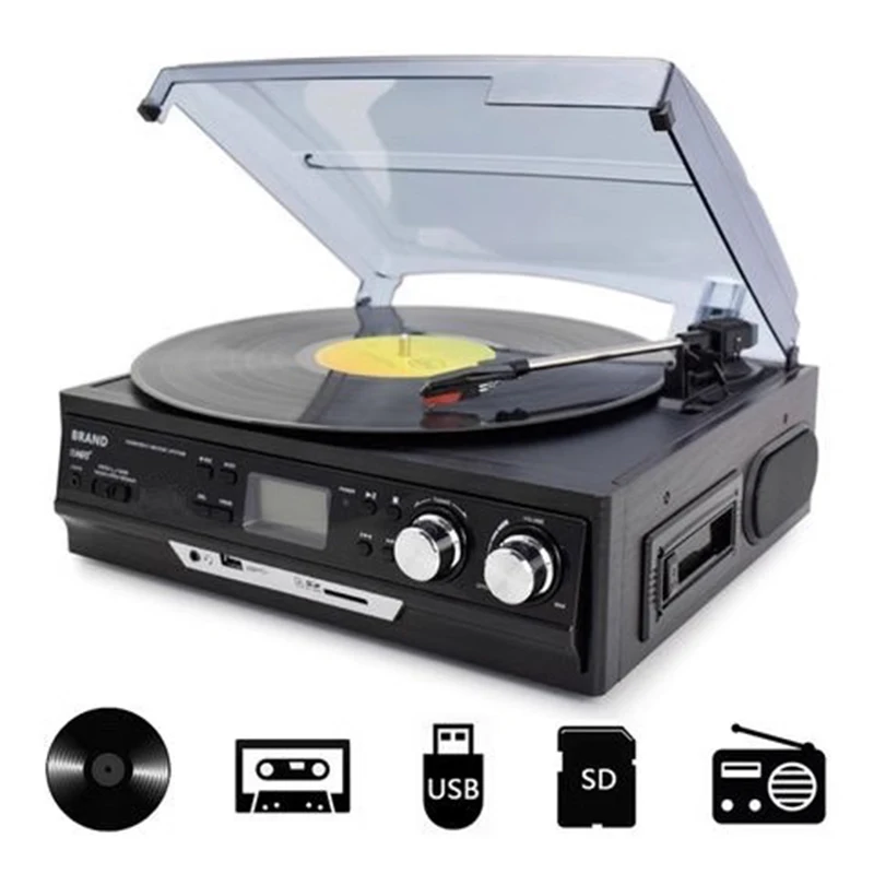 ビニールリップレコードプレーヤー,スピーカー内蔵,グラムテーブル,FMラジオ,カセット,USB, SD, Bluetooth, 3スピード