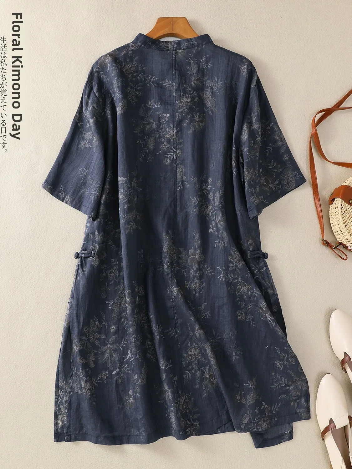 Retro Chinese Sle Floral Print Linen irt Women's Summer f Sve Stand Collar Mid-Length Side Slit Top A-Line Skirt