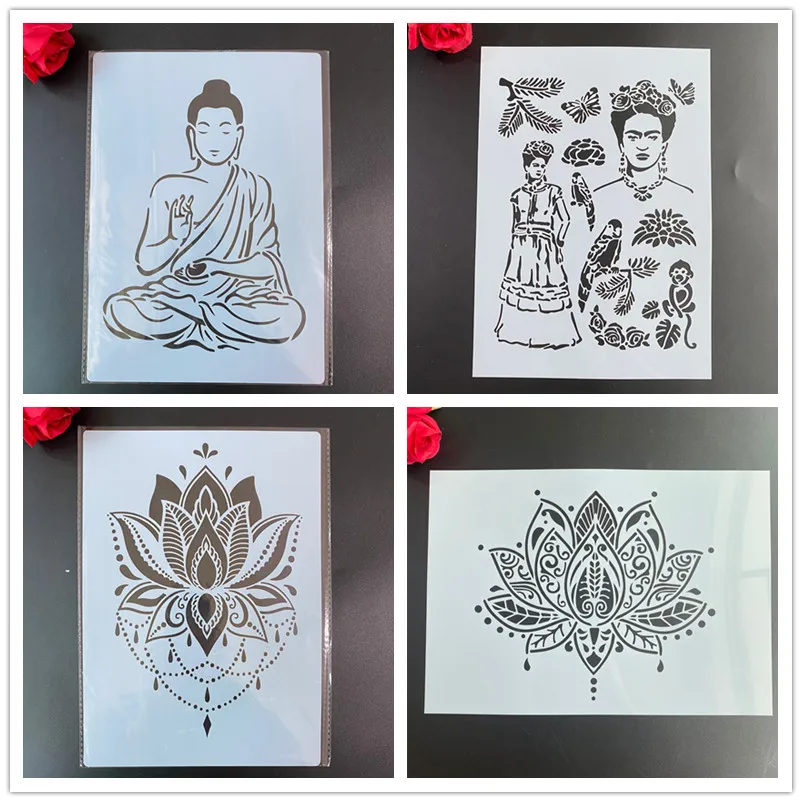 4pcs /set A4 Mandala Stencils Painting Coloring Embossing Scrapbook Album Decorative Template cake stencil Buddha lotus