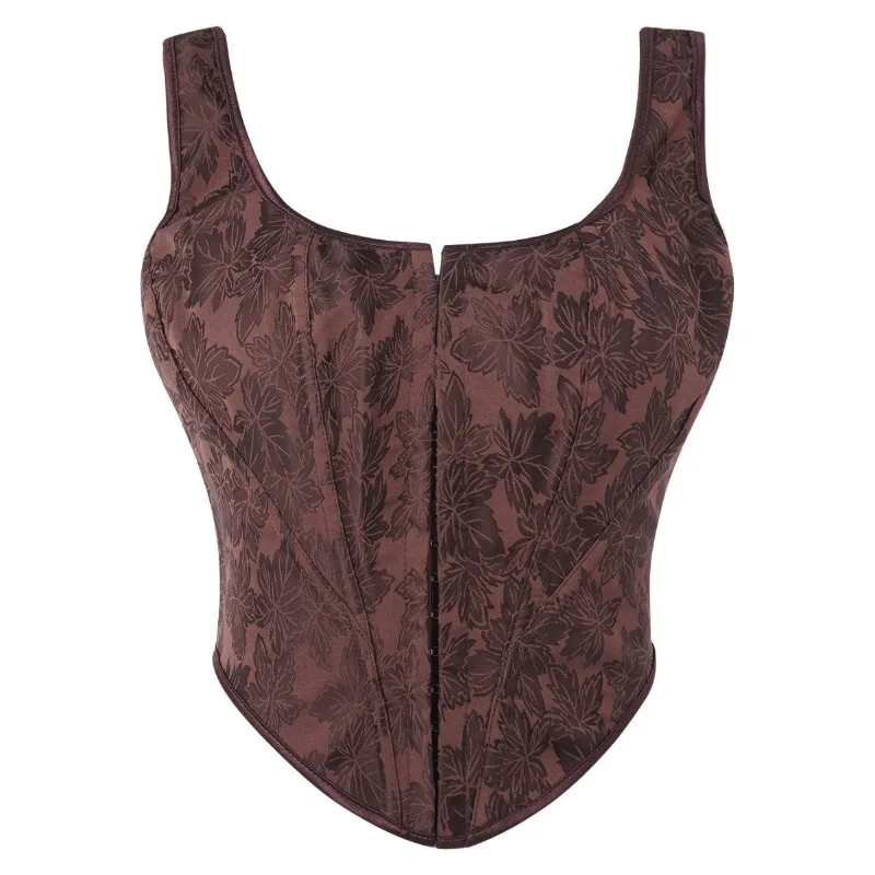 Vintage Jacquard Sleeveless Corset U-Neck Front Zipper Pointed Hem Multi Color Hourglass Waist Shaper