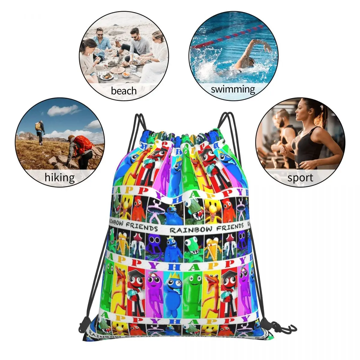 Rainbow Friends Happy Happy Backpacks Fashion Drawstring Bags Drawstring Bundle Pocket Shoes Bag Book Bags For Man Woman School
