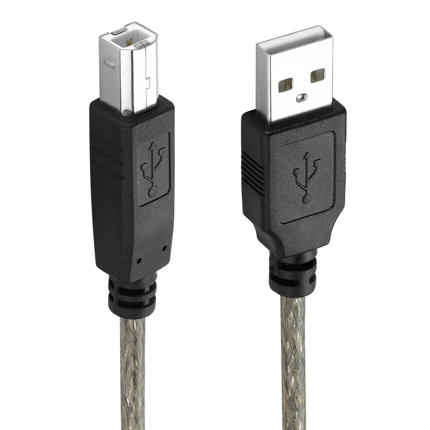 Bochara USB 2.0 Printer Cable Type A Male to Type B Male Foil+Braided Shielding 24+28AWG Transparent Black 1.5m 3m 5m 10m