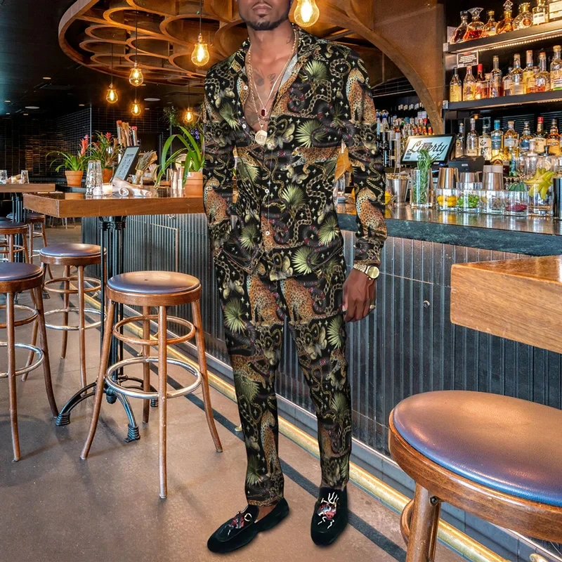 

Летняя модная мужская повседневная спортивная одежда с леопардовым цветочным 3D принтом, мужская рубашка с длинными рукавами и лацканами, длинные брюки, комплекты из двух предметов, одежда