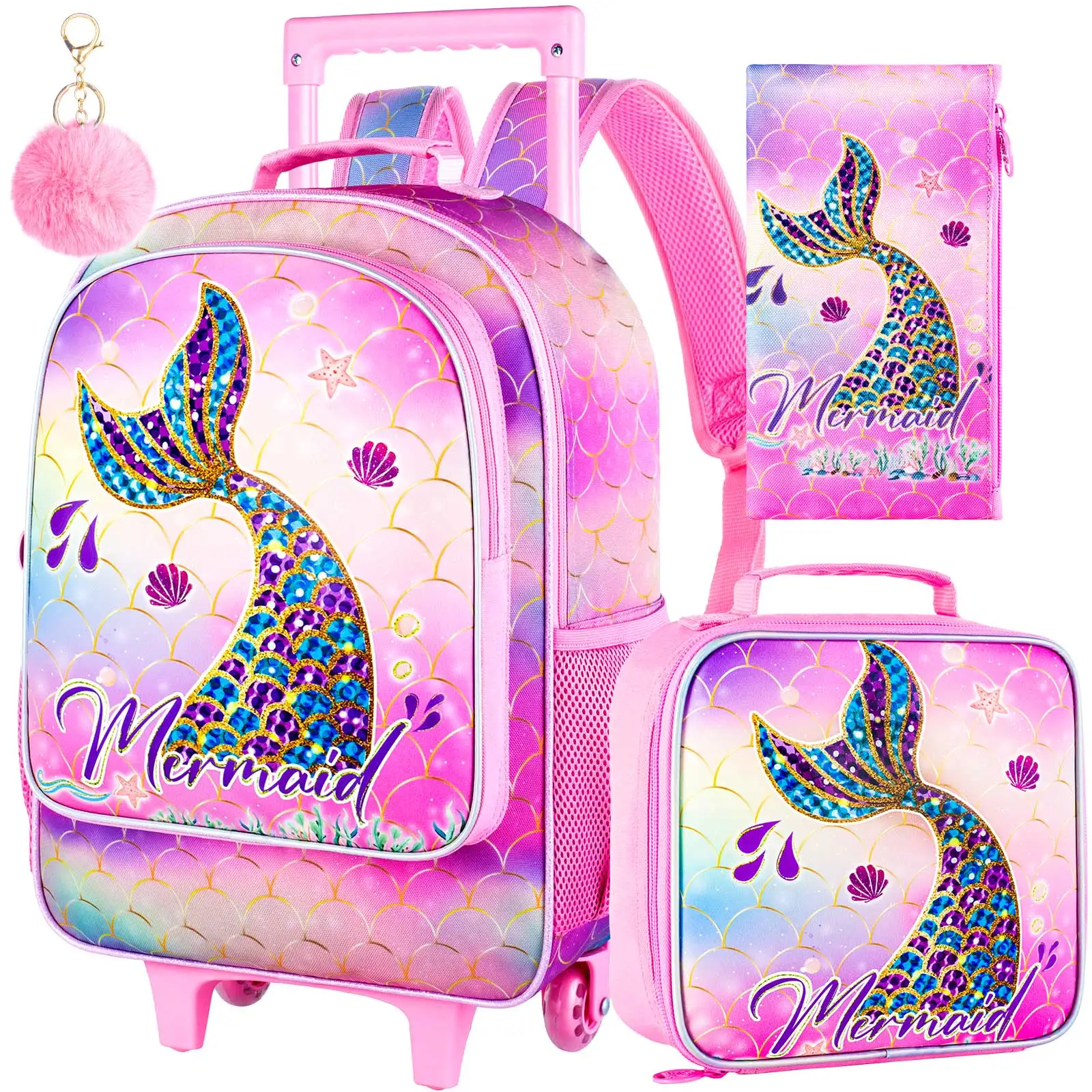 3PCS Mermaid Rolling Backpack for Girls, Kids School Backpacks with Wheels, Water Resistant UV Printed Roller Wheeled Bookbag