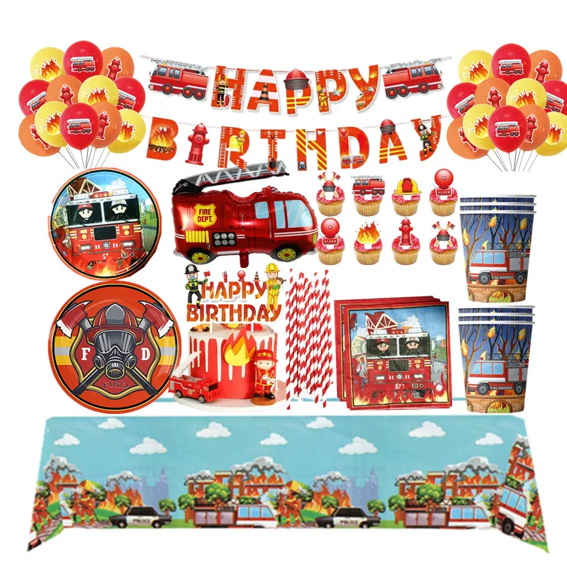 Fire Truck Birthday Party Decoration Foil Balloons Disposable Tableware Plates Cups Napkins Kids Boys Fireman Party Favors Toy