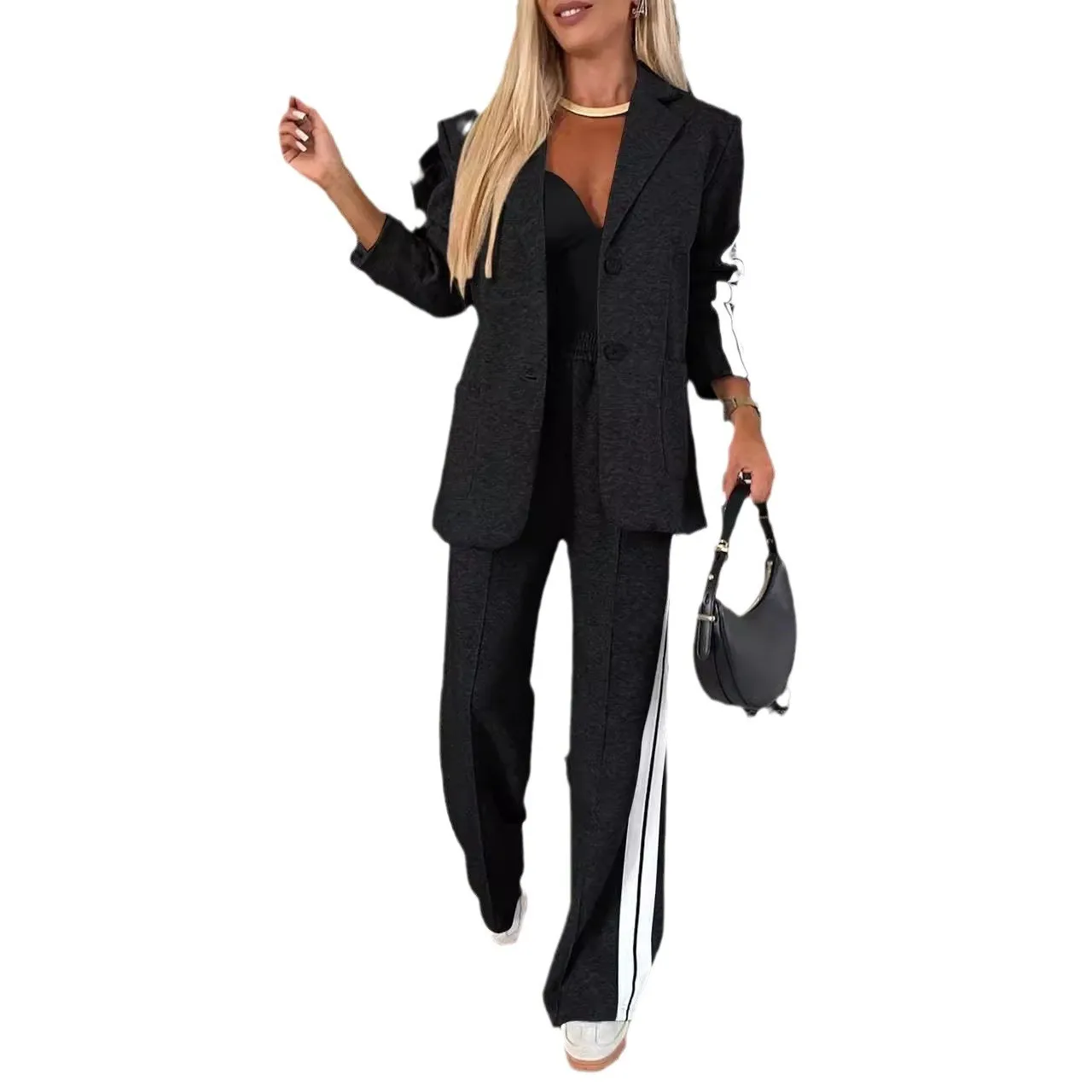 Elegant Women's Sets Black Blazer Wide Leg Pants Two Piece Set Blazers Heather Gray Suit Jacket Business Jacket for Ladies 2026