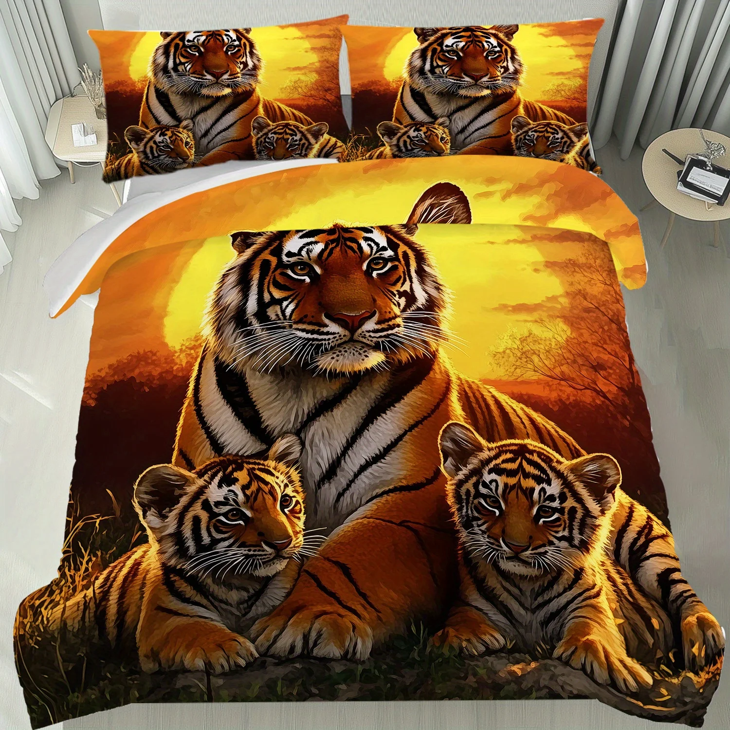 

3pcs Soft Breathable Sunset Siberian Tiger Print bedding Set, Tiger Duvet Cover Set, 100% Polyester Machine Washable All Seasons