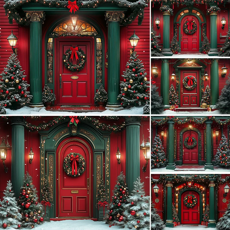 

LS Photography Background Winter Christmas Shop Retro Door Gift Xmas Tree Kids Family Portrait Decor Backdrop Photo Studio