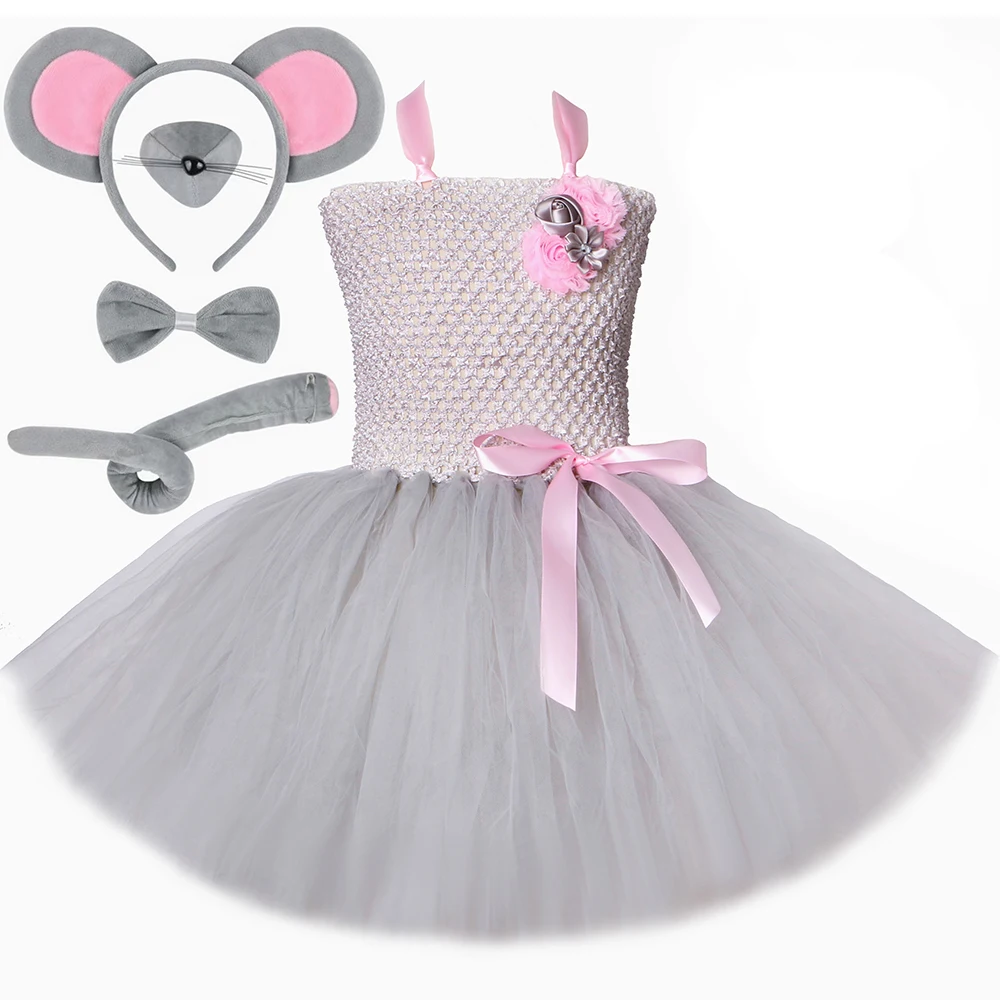 Grey Rat Mouse Costume Kids Halloween Party Animal Dress Up Outfit Toddler Girls Mice Tutu Dress with Ears Tail Tie Nose Gloves