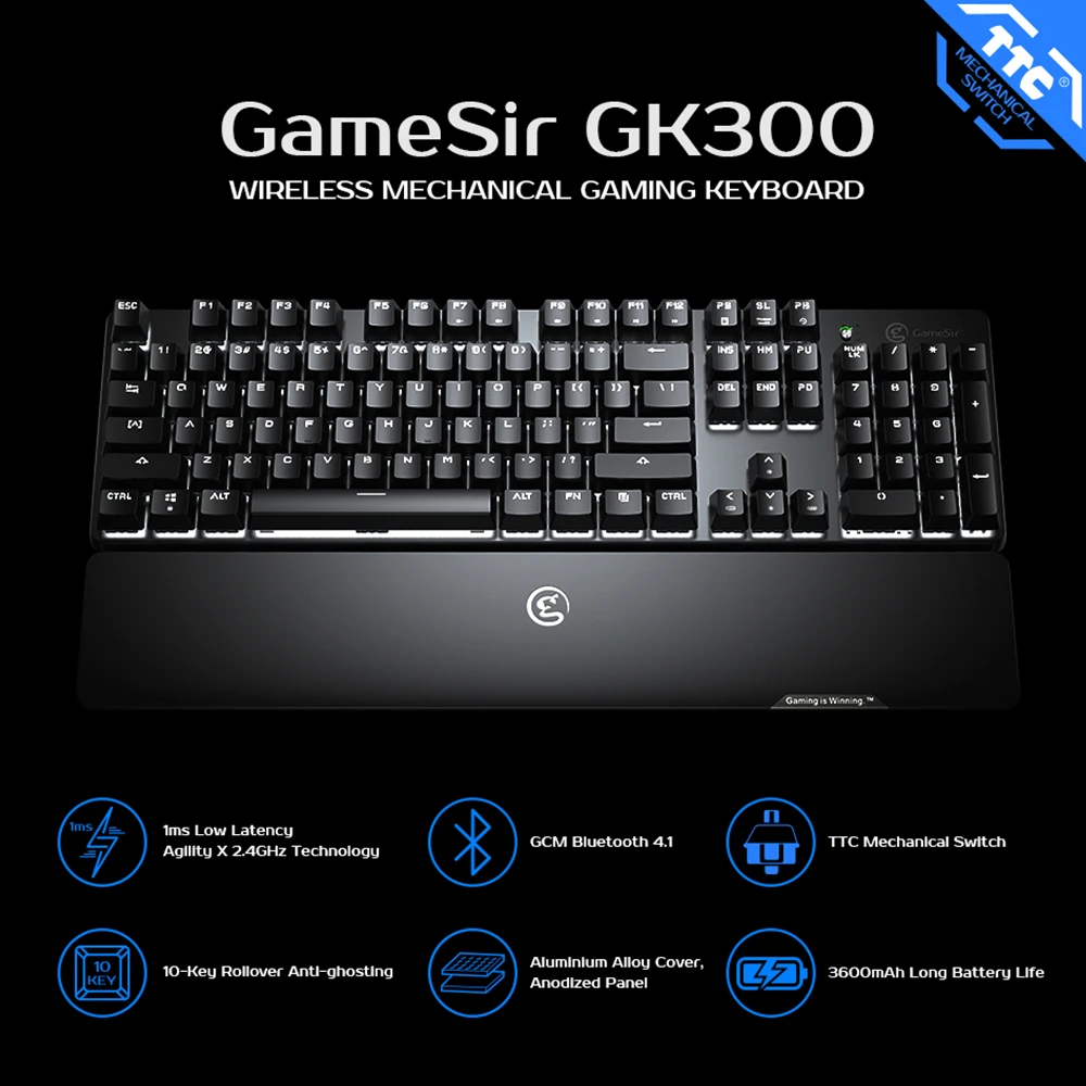 GameSir GK300 Bluetooth Keyboard Wireless Mechanical PC Gaming Keyboards Aluminum Alloy Keyboard with Ergonomic Wrist Rest