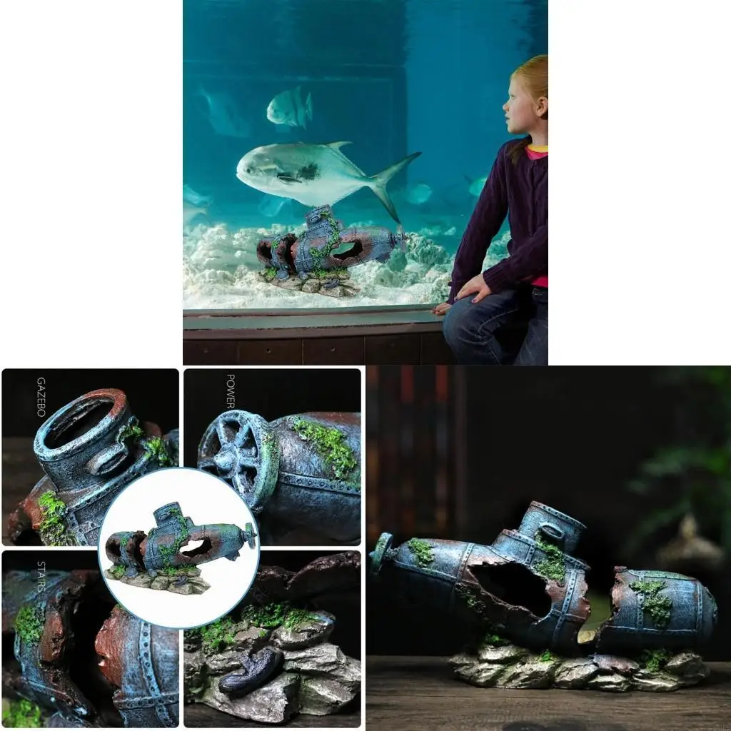 62KD Sunken Ship Aquarium Ornament Shipwreck Fish for Tank Decorat