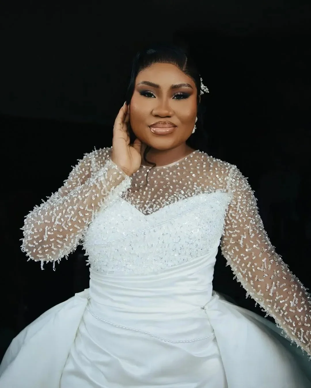 Robe de mariée sirène personnalisée, grande taille, avec traîne détachable, col transparent, manches longues, robes de mariée perlées