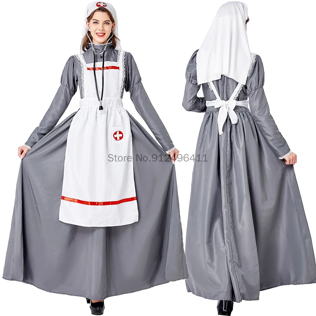 Frauen Nachtigall Cosplay Kostüm Historisches viktorianisches Kriegskrankenschwester Dienstmädchen Kleid Frauen Langes Kleid mit Schürze Halloween Cosplay Kostüm