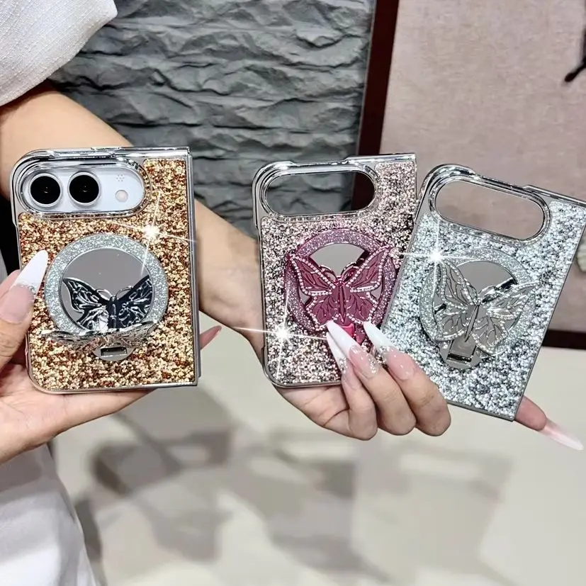 Retro Glam Shiny Rhinestone Butterfly Strand Makeup Mirror Phone Case for iPhone Duo Luxury Sparkly Glitter Protective Cover