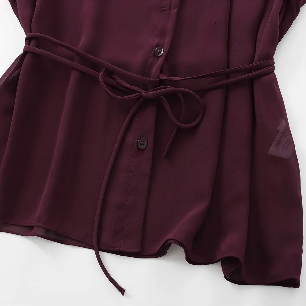 INS Fashion Mature Wine Red Polo Collar Long Sleeves Single Breasted Bow Lace Up Women Loose Chiffon Solid Shirt ZATAF 2024 New