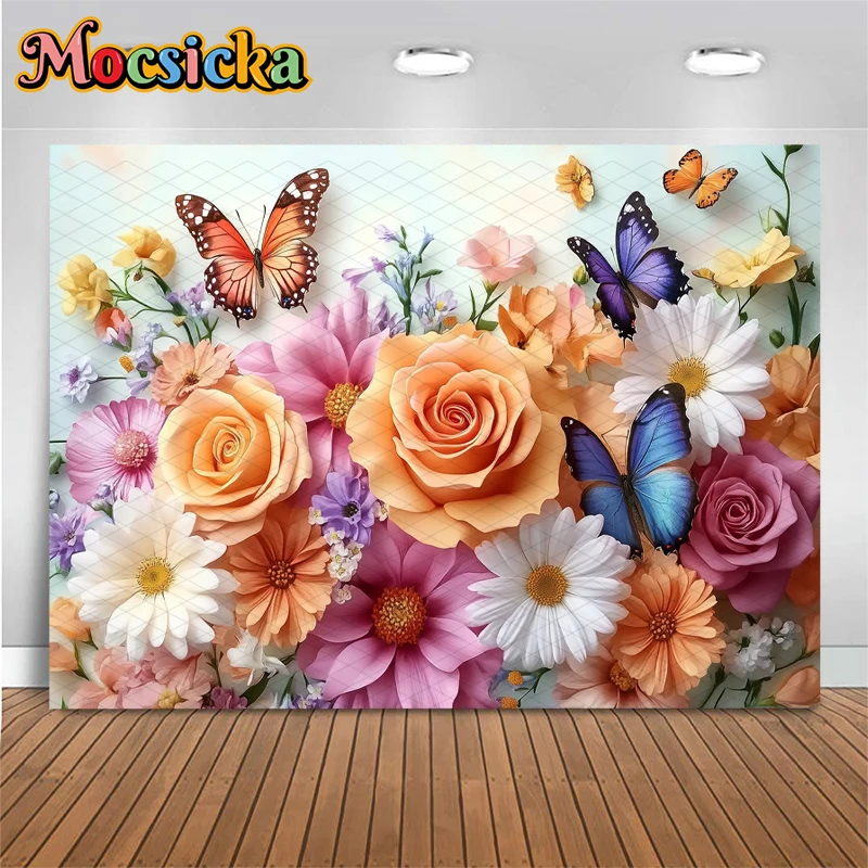 Mocsicka Spring Flowers Photography Backdrop Butterfly Decorations Girl Birthday Photo Portrait Backgrounds Wedding Party Banner