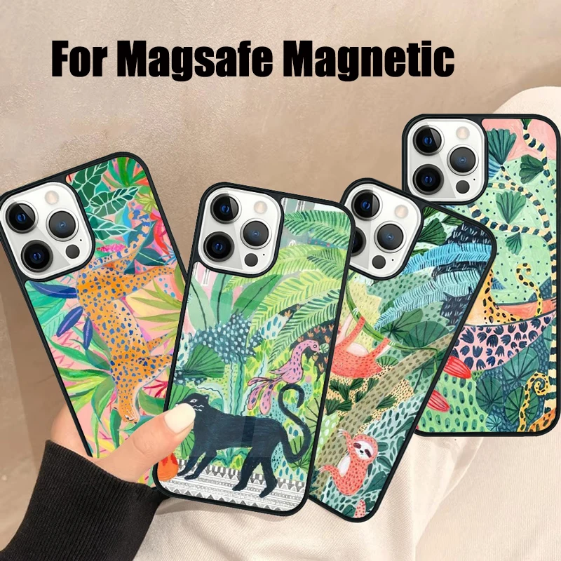 Cute Cartoon Sloth Leopard Magsafe Phone Case For iPhone 16 15 14 13 12 11 Pro Max Plus Mini Mirror Wireless Magnetic Cover