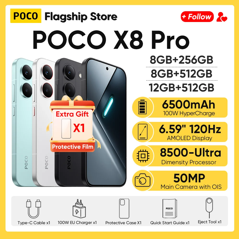 Новинка: Смартфон POCO X8 Pro Global Version 5G с процессором Dimensity 8500-Ultra, 6.59-дюймовым AMOLED-дисплеем, камерой 50 МП, аккумулятором 6500 мАч и быстрой зарядкой 100W HyperCharge.