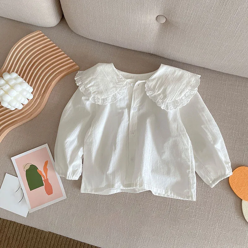 2026 New Spring Flare Collar Solid Infant Girls Shirt for 1-6Y Kid's Bottoming Shirt for Baby Girls Big Lapel Blouse Base Top