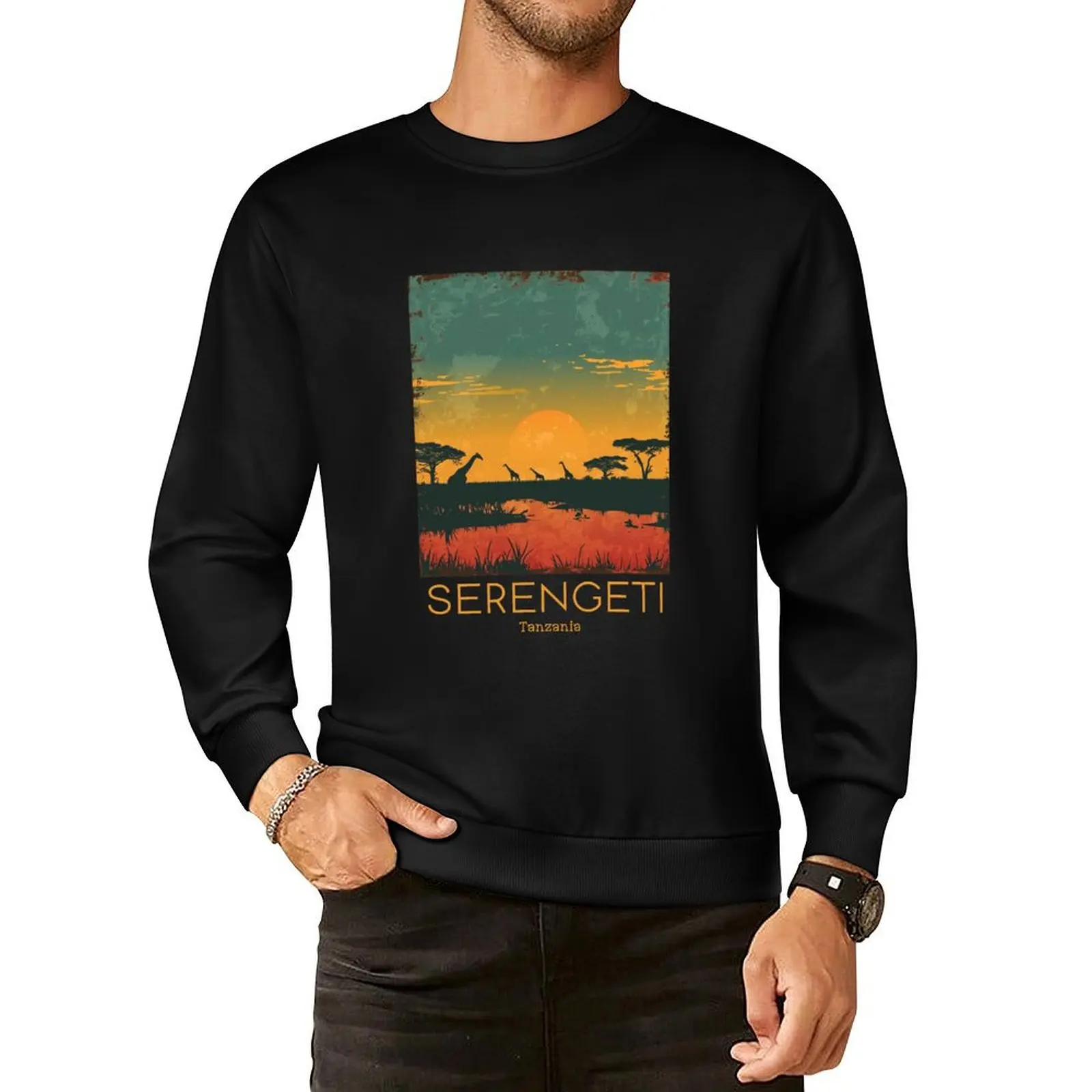 

A Vintage Travel Illustration of Serengeti National Park - Tanzania Pullover Hoodie mens clothing new sweatshirts