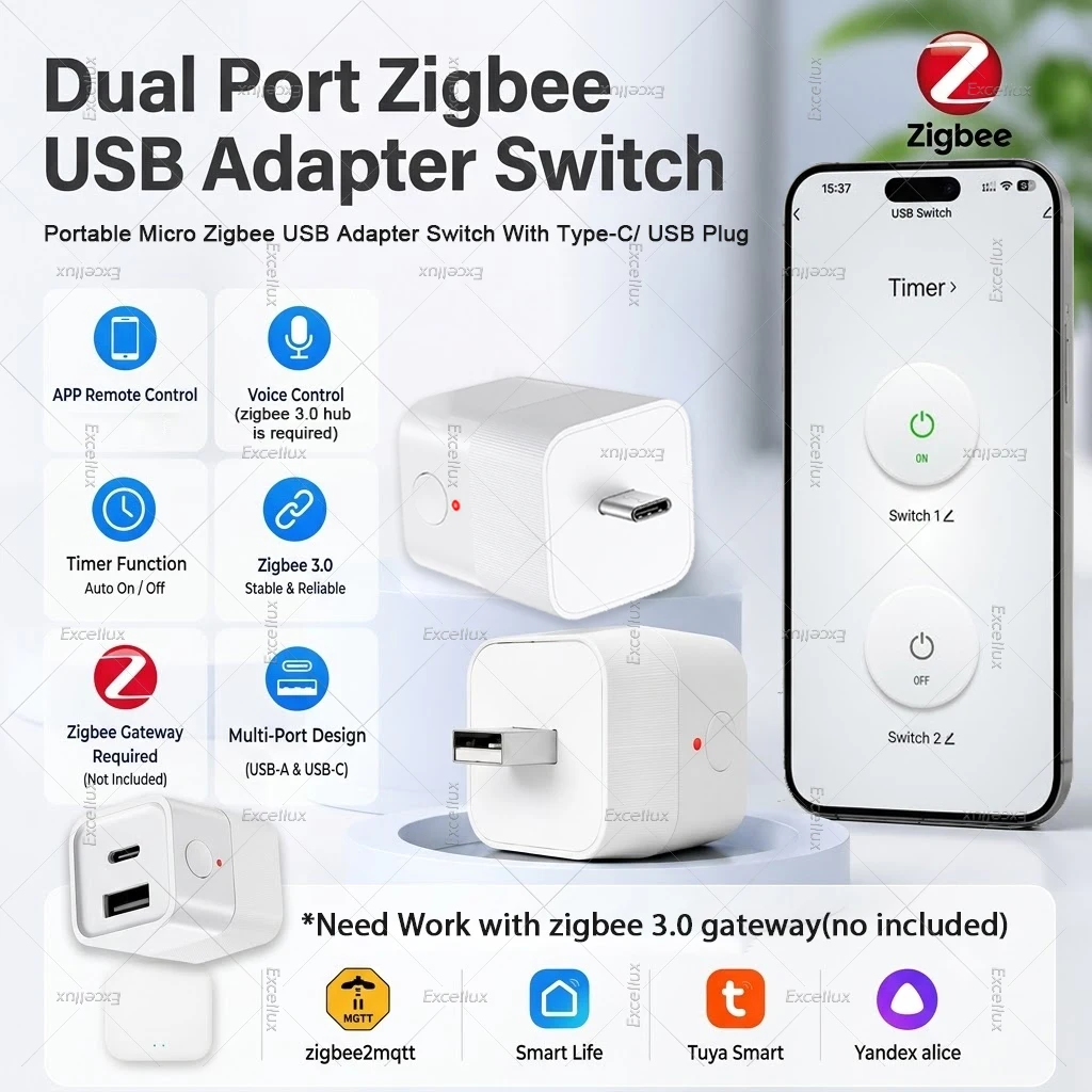 2-in-1 Dual-Port Zigbee 3.0 Micro Smart USB-Adapter Schalter Typ-C USB-Stromadapter Stecker Kompatibel mit TUYA Smart Life Zigbee2MQTT