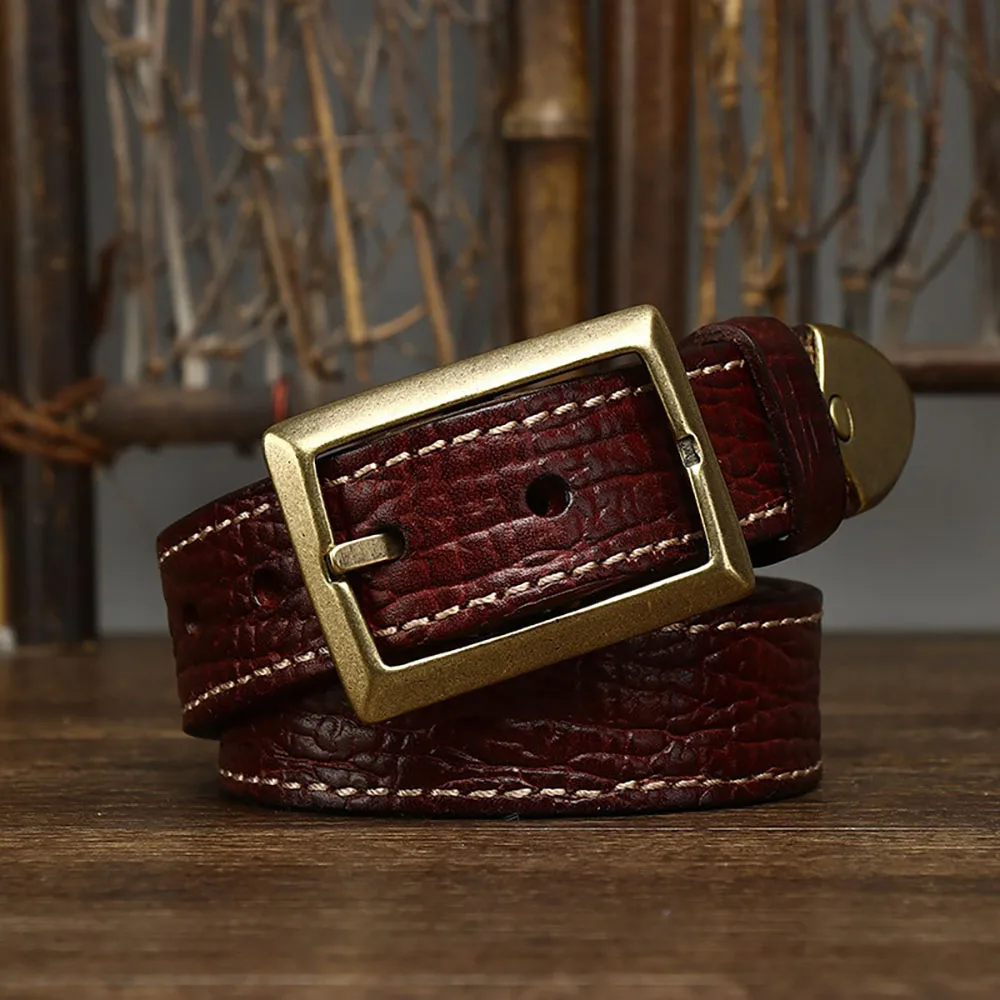 Retro Double-Sided 4mm Thickness Genuine Leather Belt with Texture and Tree Bark Pattern and Brass Buckle for Men 33mm Width