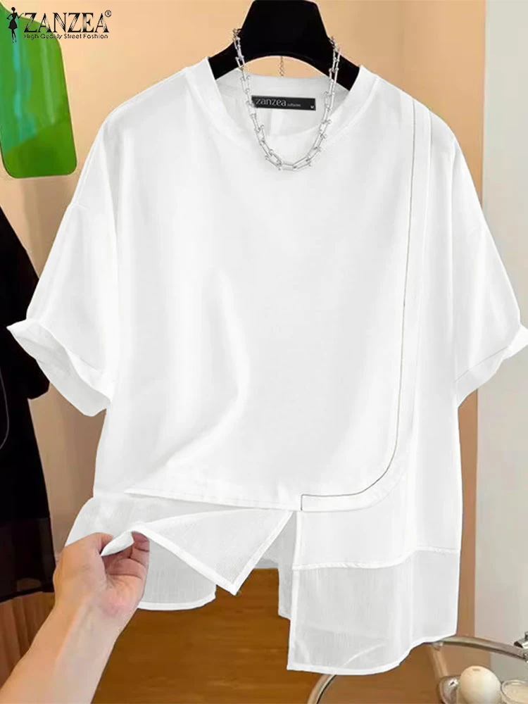 

ZANZEA Street Fashion Asymmetrical Hem Blouses Women Stylish O-Neck Short Sleeve Patchwork T-Shirts Summer Solid Blusas Mujer